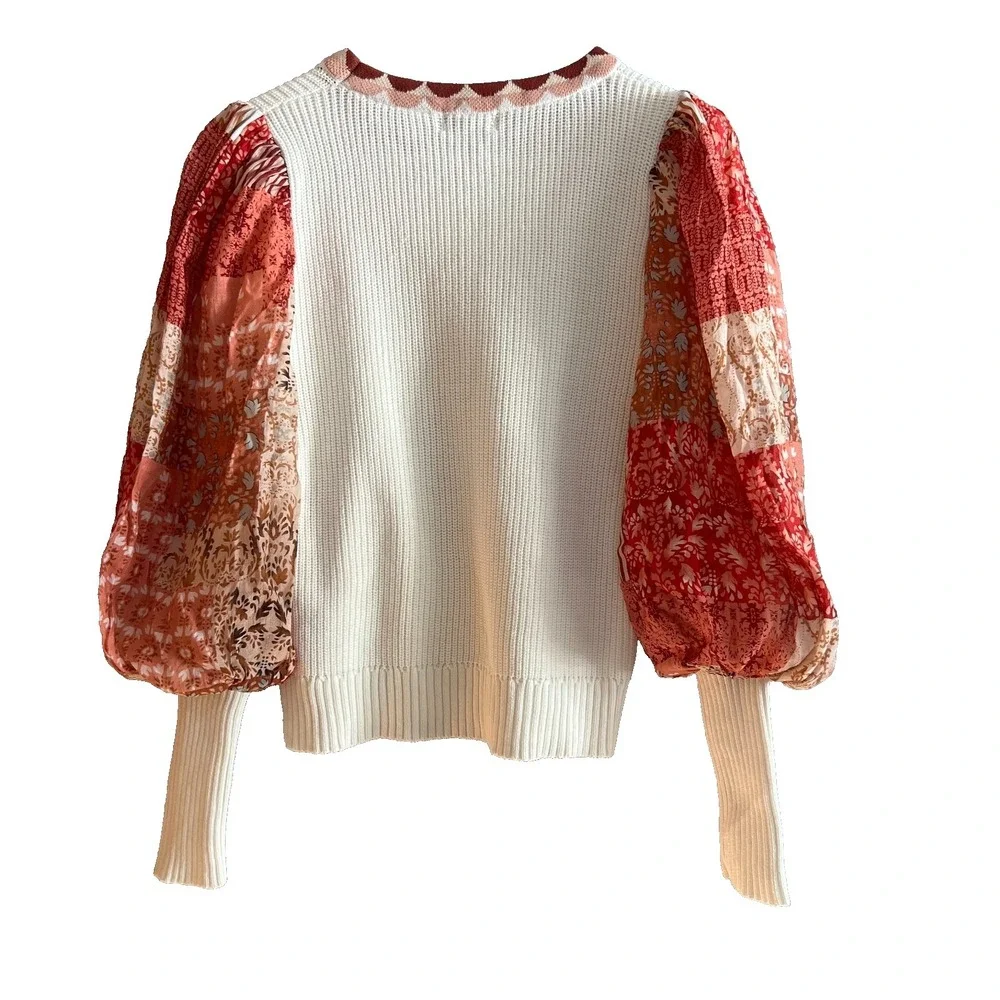 Fate Cream Knit Patchwork Bubble Sleeve Pullover Sweater Size Small NEW - Picture 2 of 16
